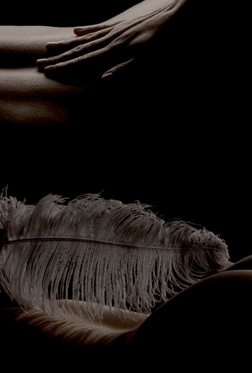 Eine Hand und eine Feder streichen in einem tantrischen Ritual über einen Rücken